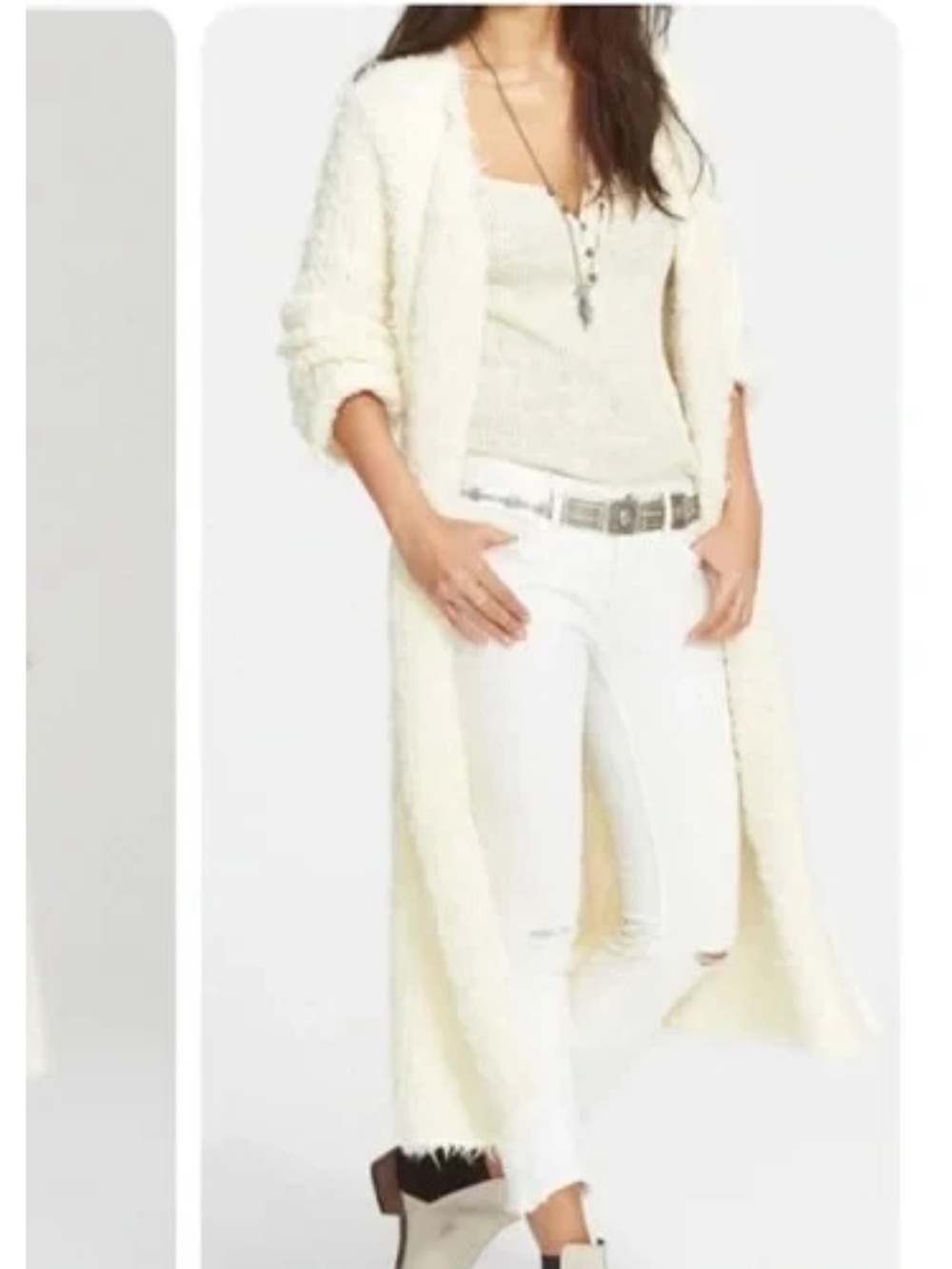 Free People Shaggy Fuzzy Long Cardigan Duster Sweater Coat Ivory Size S